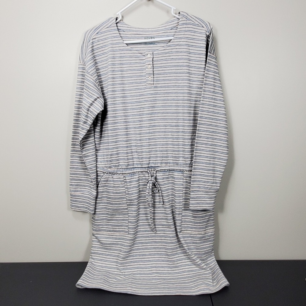 Haven Well Within Organic‎ Cotton Interlock Long Sleeve Shift Dress M Drawstring